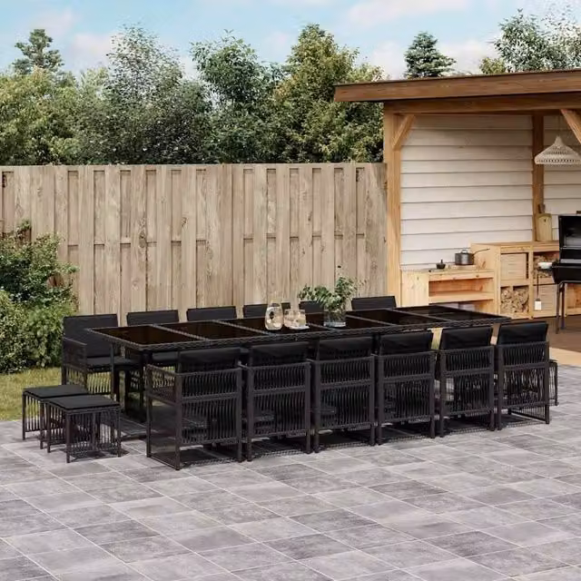 Berkfield Home 17 Piece Black Poly Rattan Garden Dining Set with Cushions