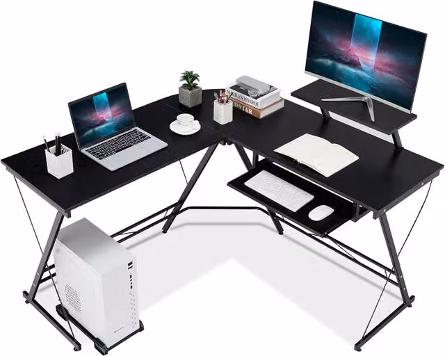 Gymax L-Shaped Corner Desk with Pull-Out Workstation and Removable Monitor Shelf in Black – 1
