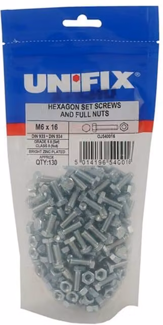 Unifix Grade 8.8 Steel Hex Setscrews and Full Nuts, Silver, M6 x 20 mm, Bag of 115