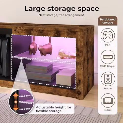 Levede Modern Brown TV Stand with RGB LED Lights and Glass Shelf, W: 140 cm, D: 47 cm, H: 47 cm – 6