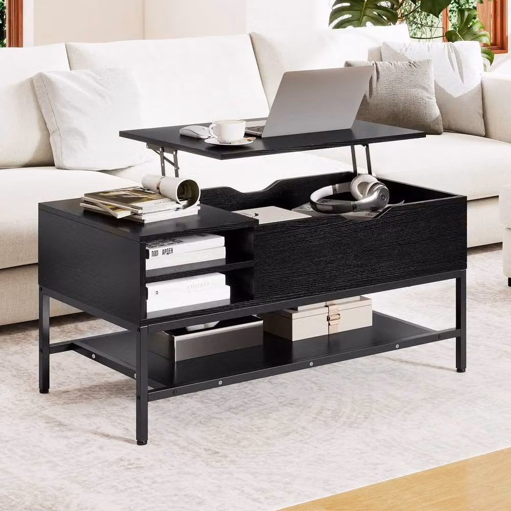 Costway Modern Rectangular Lift Top Coffee Table with Storage Shelf in Black – 3