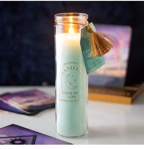 KDMD White Sage Tube Candle with Clear Quartz Crystals in White, Gold and Green