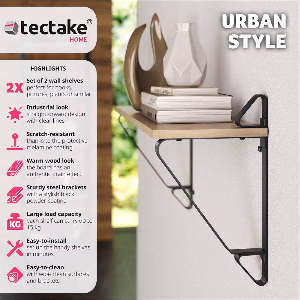 tectake Irvine Wall Mounted Shelves, Set of 2, Industrial Wood and Metal Look in Brown – 2
