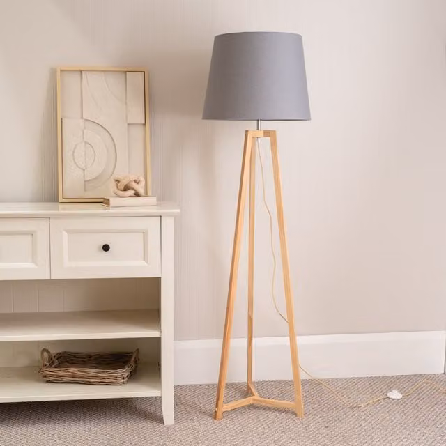 ValueLights Lottie Natural Floor Lamp with Fabric Cone Shade and LED Bulb in Grey
