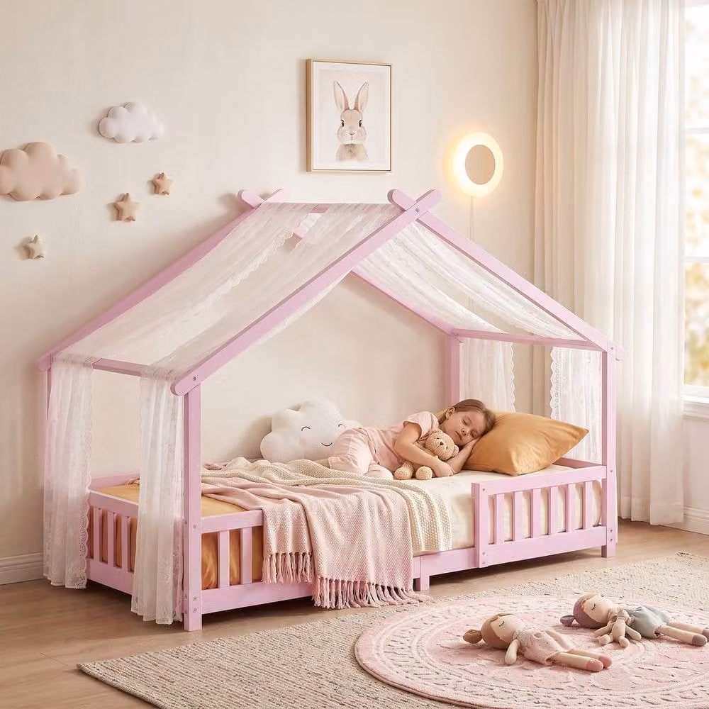 AIYAPLAY Solid Pine Wood Kids Single House Bed Frame with Dual Guardrails, Pink, 90 x 190 cm