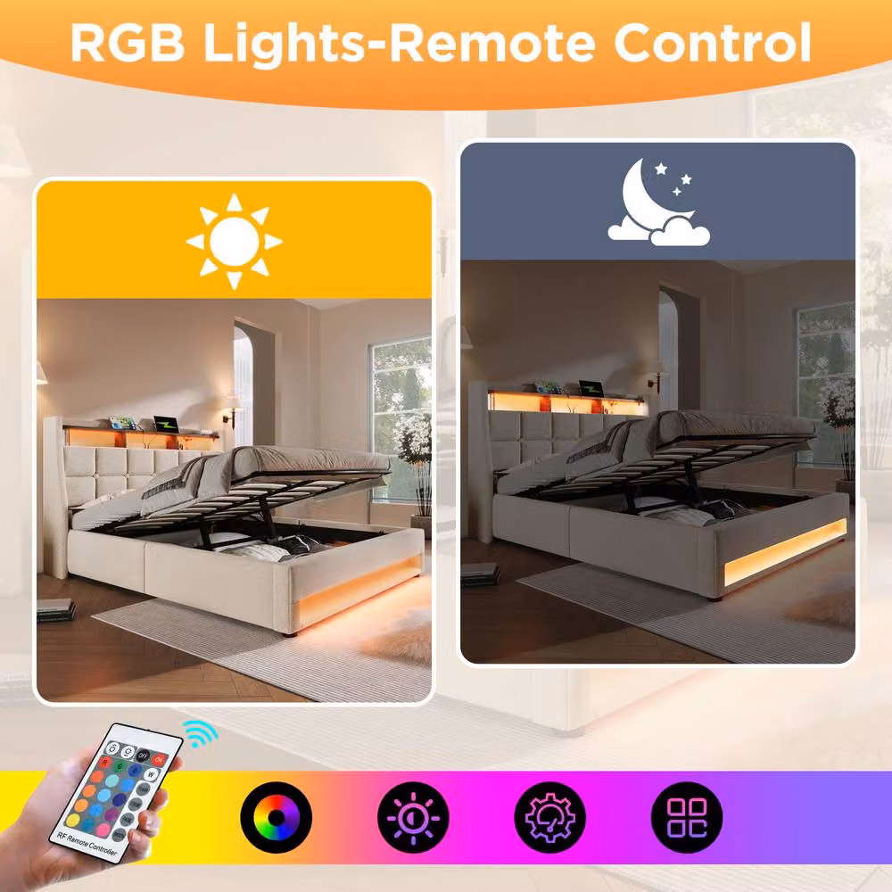 ModernLuxe Upholstered King Ottoman Bed in Beige with LED Lighting, USB Charging Port and Storage Headboard, W/D/H: 150 x 200 x 117 cm – 4
