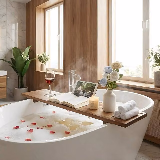 Havendro Adjustable Wood Bathtub Caddy Tray and Storage Shelf in Natural Brown