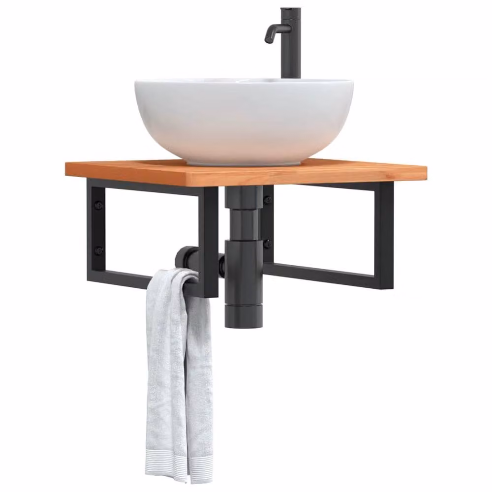 Berkfield Home Wall Mounted Basin Shelf in Brown Steel and Solid Beech Wood – 1