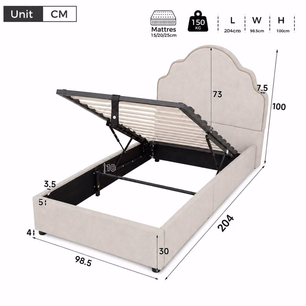 ModernLuxe Kids Single Upholstered Ottoman Bed with Curved Headboard in Beige, W/D/H: 90 x 190 x 150 cm – 2