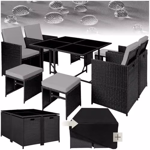 tectake Polyrattan Garden Furniture Set with Aluminium Base, Including 4 Dining Chairs, 1 Table and 4 Stools, Black/Grey