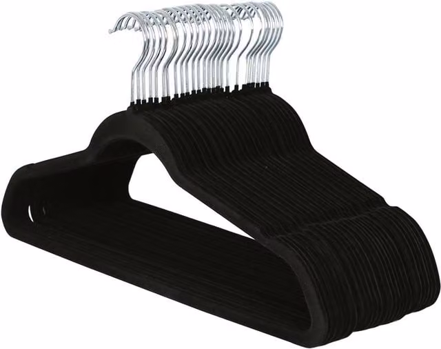 Harbour Housewares Non-Slip Velvet Flocked Hangers with Bar and Notches, Black, Pack of 25