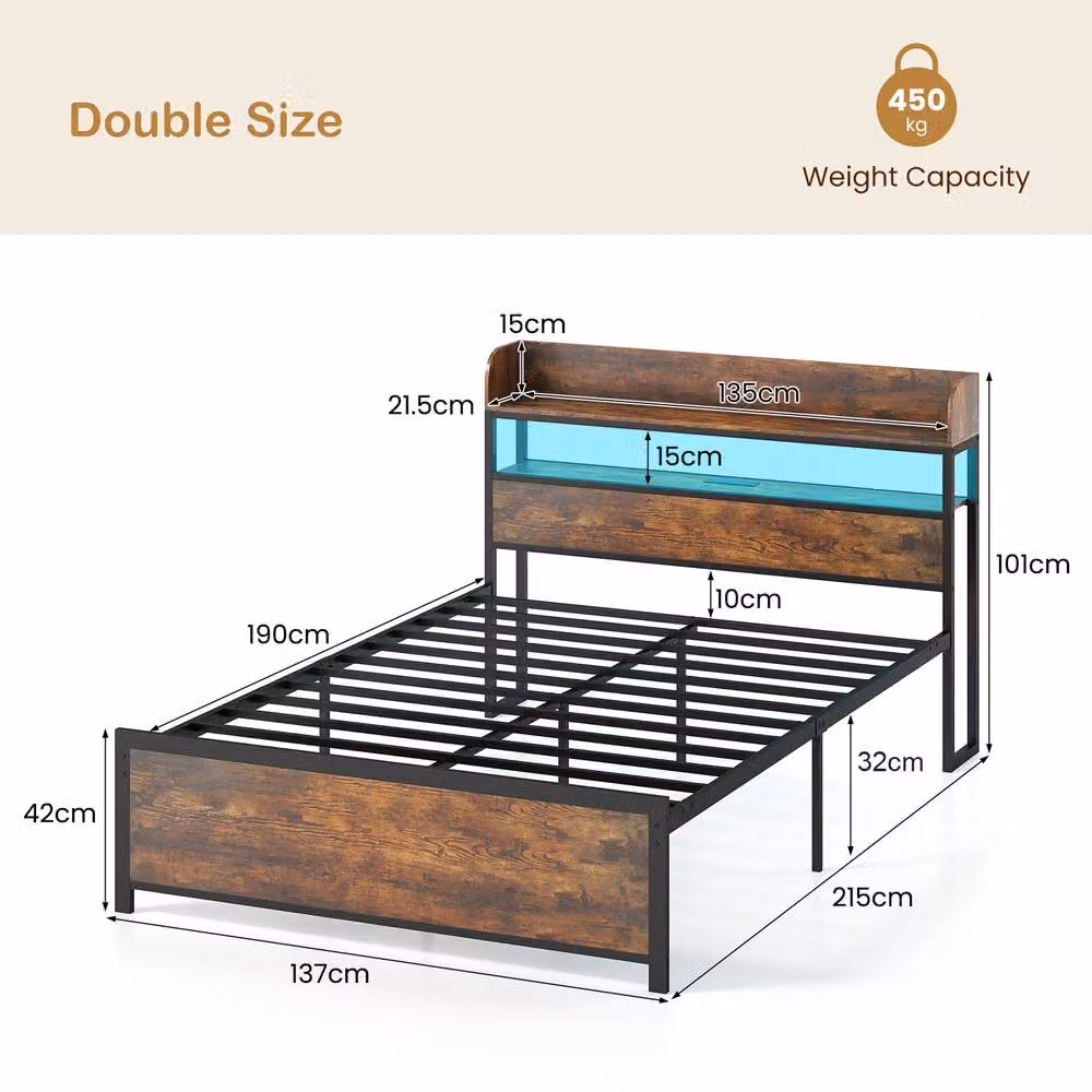 Costway Double Bed Frame in Brown with LED Lights, USB Charging Ports and Headboard, W/D/H: 140 x 200 cm – 2