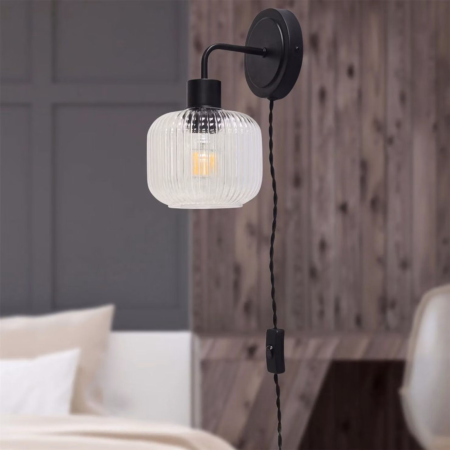 First Choice Lighting Toby Set of 2 Black Plug-in Wall Lights with Transparent Ribbed Glass Shades – 2