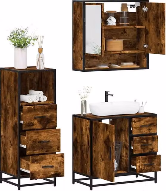 Berkfield Home 3 Piece Industrial Bathroom Furniture Set in Smoked Oak Brown