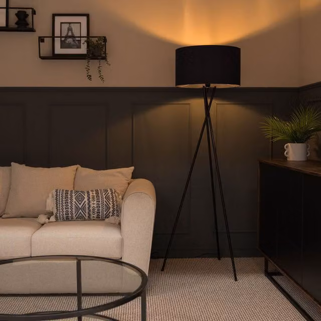 ValueLights Camden Tripod Floor Lamp with Fabric Cylinder Shade and Bulb in Blue and Black