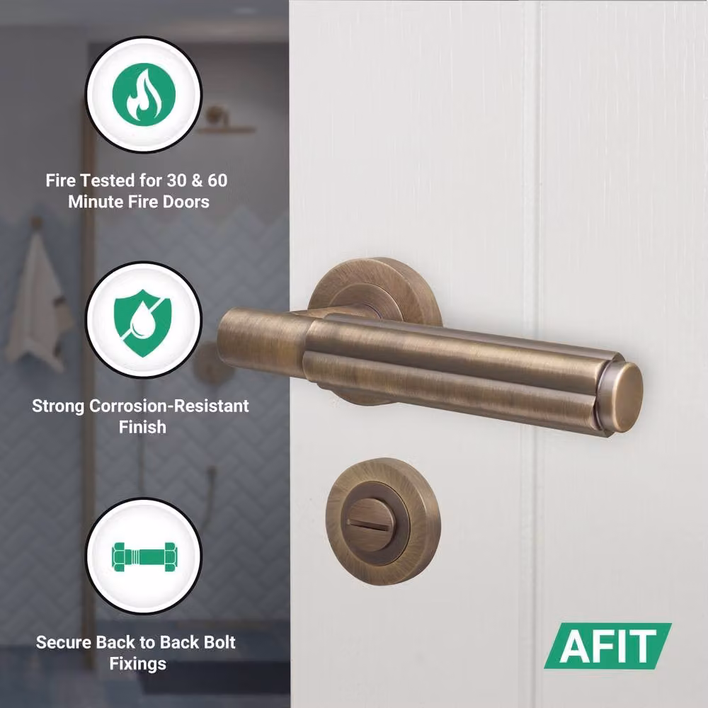 AFIT Antique Brass Fire Door Handle Bathroom Set in Bronze with 80mm Lock and 102mm Hinges – 2