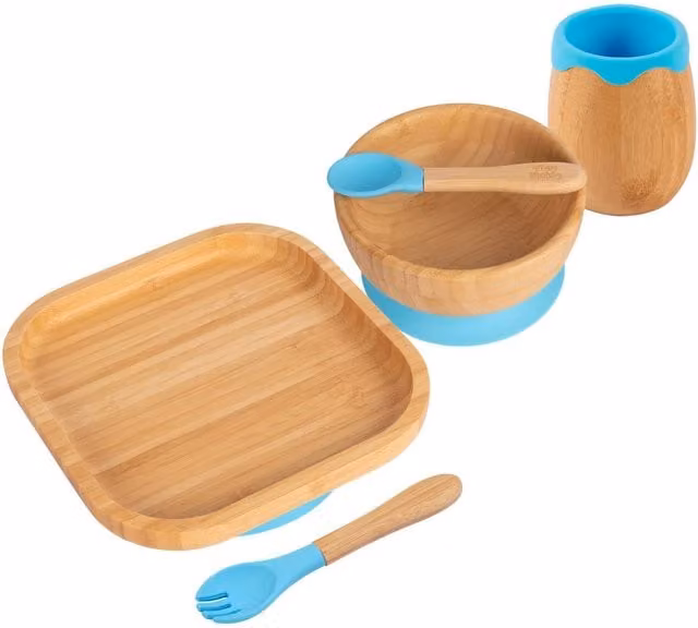 Tiny Dining 5-Piece Blue Bamboo and Silicone Baby Weaning Dinner Service Set