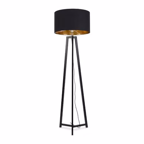 ValueLights Black Wood Tripod Floor Lamp with Black and Gold Drum Lampshade and Included LED Bulb