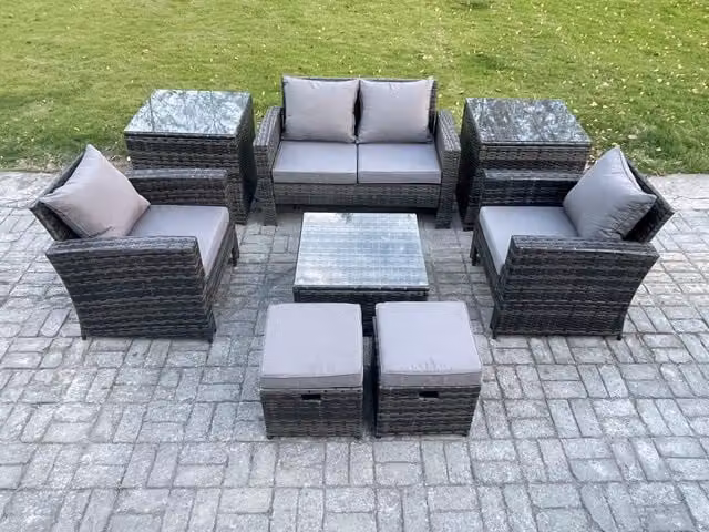 Fimous Rattan Wicker Garden Furniture Set in Dark Grey with Square Coffee Table, Armchair and 2 Small Footstools
