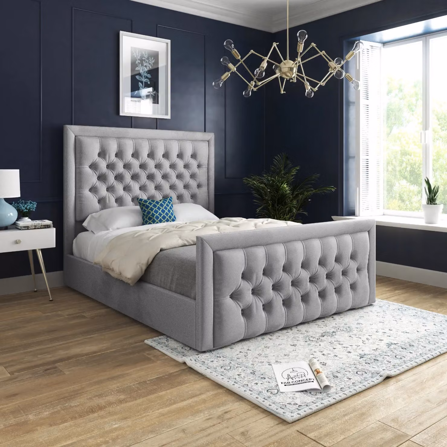 Casani Modern Upholstered Velvet Bed Frame in Grey, W/D/H: 200 x 137 x 189 cm – 2