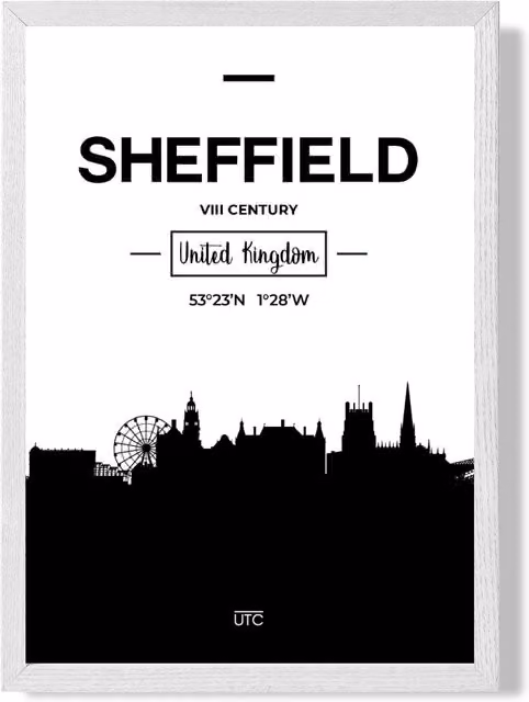 ARTZE Sheffield Black and White City Skyline Framed Print with White Frame, A3