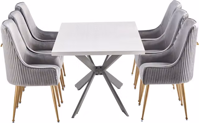 Life Interiors Soho Duke LUX Dining Set with Rectangular Table and 6 Grey Velvet Upholstered Chairs with Gold Metal X-Frame Legs