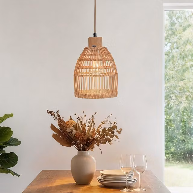 Livingandhome Bamboo Woven E27 Suspended Ceiling Pendant Light in Brown Wood