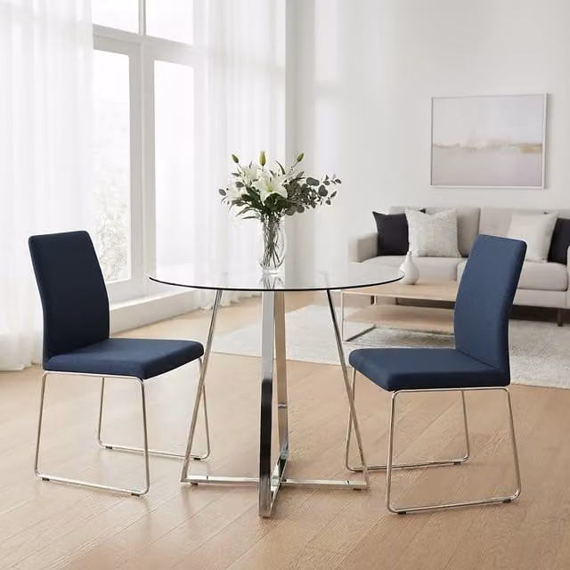 Interiors by Premier Orsina Round Glass Dining Table with Silver X-Frame Legs, Transparent and Silver – 1