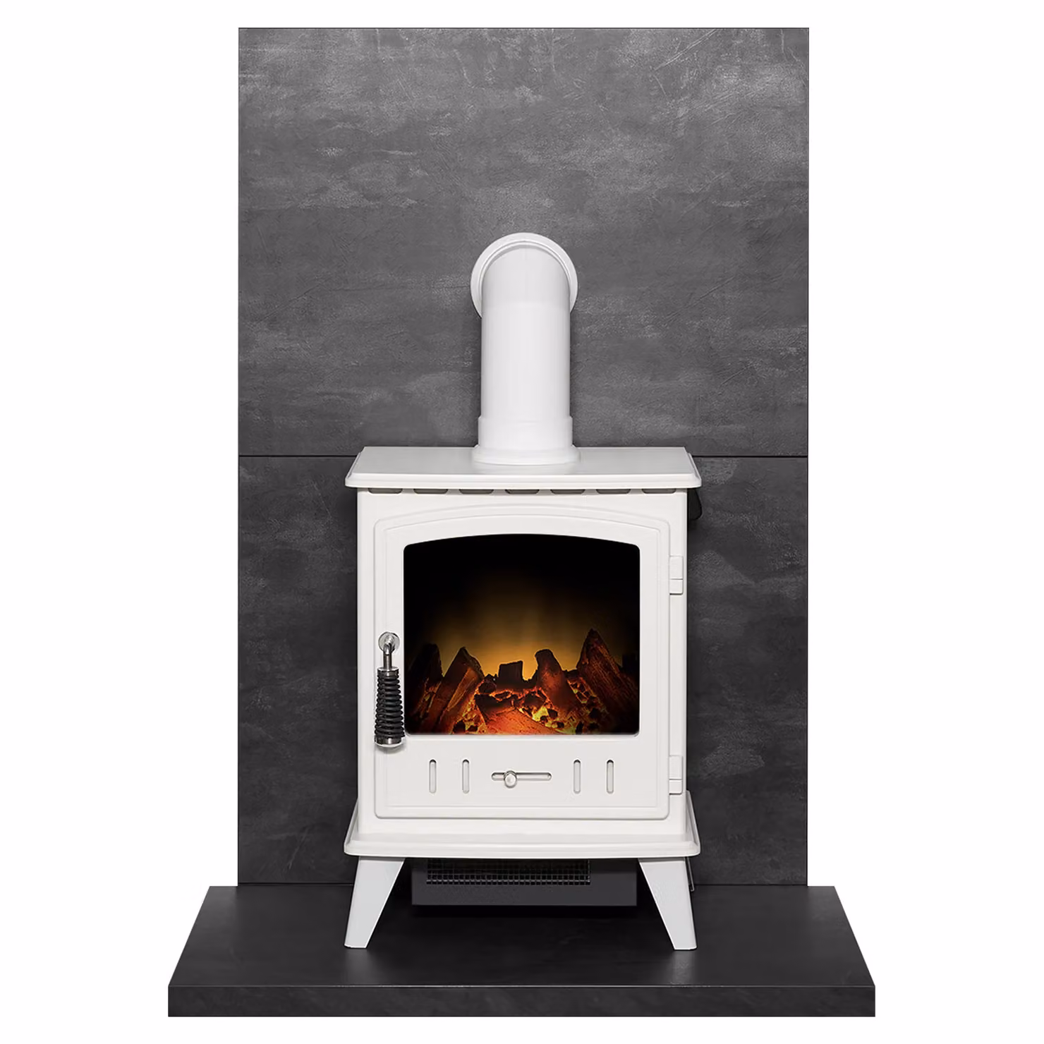 Acantha Fires & Fireplaces Aviemore Electric Stove and Angled Pipe Set in White with Slate Venetian Plaster Effect Tile and Hearth – 2