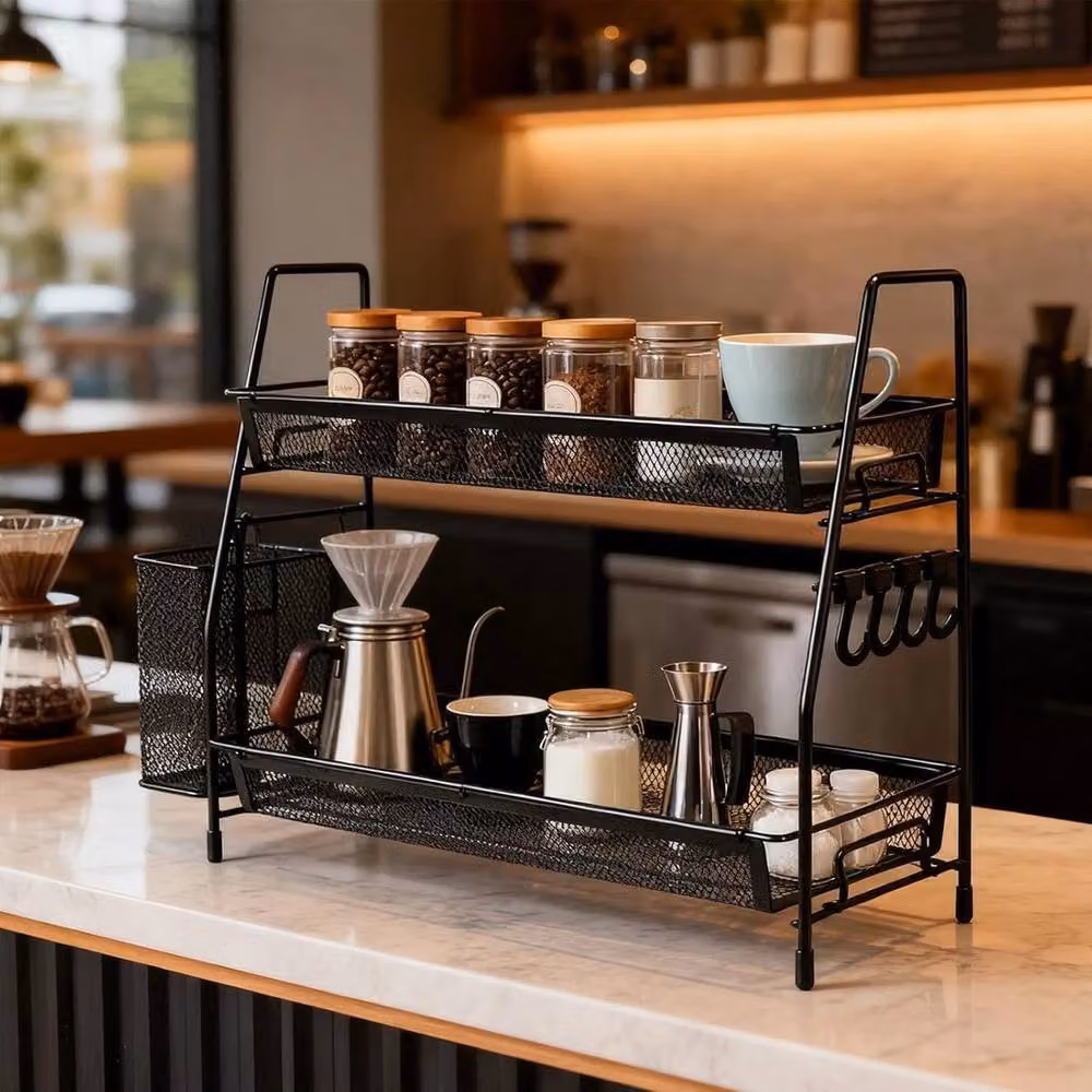 VOGREX 2-Tier Metal Countertop Coffee Station and Spice Storage Rack in Black – 3