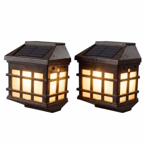 Gardenwize Pack of 2 Brown Lantern Style Solar Powered LED Fence and Wall Lights with Dusk Sensor – 5