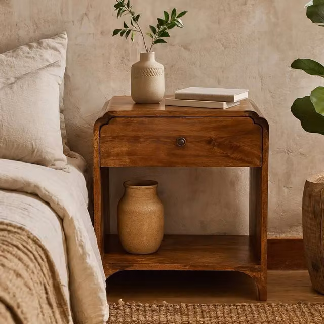Wyld Haus Lanta Mango Wood Scalloped Bedside Table with Drawer in Brown, W/D/H: 35 x 45 x 50 cm
