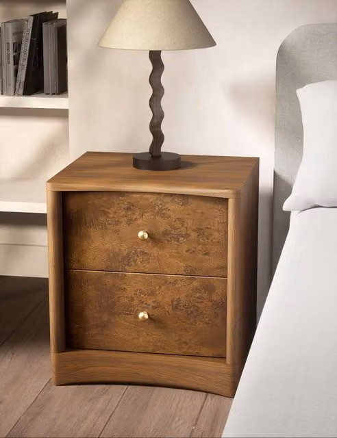 Gallery Direct Burl Bedside Table in Natural Wood and Gold Metal