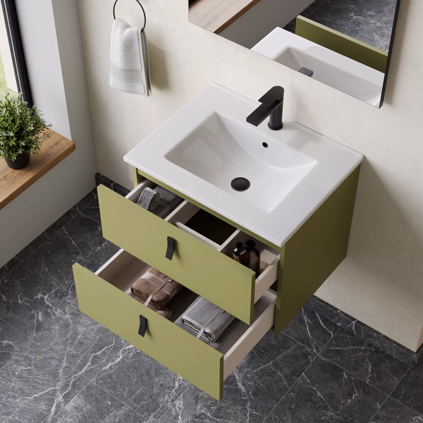 Banyetti Invicta 600mm Wall Hung Vanity with Lira Basin in Sage Green – 2