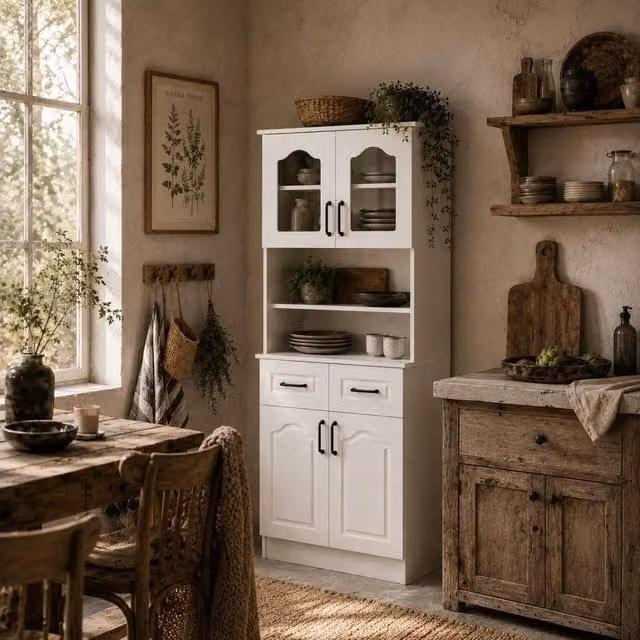 Wyld Haus Reluta Tafa White Tall Kitchen Cupboard with Glass Doors and Adjustable Shelves, Height: 168 cm – 1