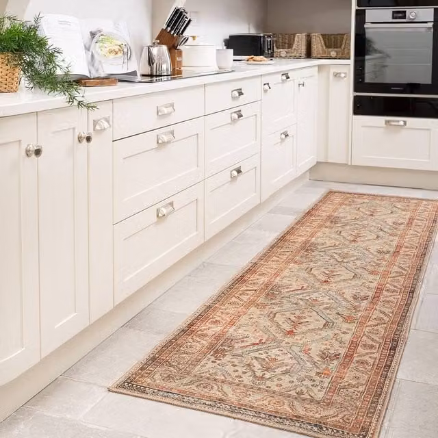 Kukoon Vintage Style Distressed Machine Washable Runner Rug in Beige, W: 80 cm, L: 300 cm – 1