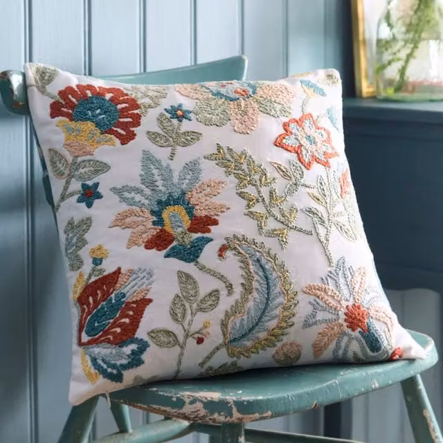 Appletree Amara Floral Embroidered Square Cotton Filled Cushion, Multicolour, W/D/H: 43 x 43 x 43 cm