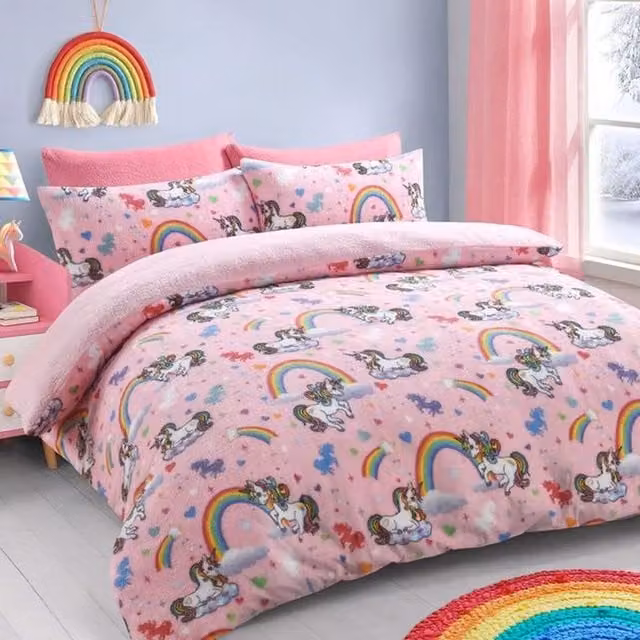 VELOSSO Unicorn Animal Fleece Duvet Cover and Pillowcase Set, Pink Multicolour, W/H: 90 x 200 cm