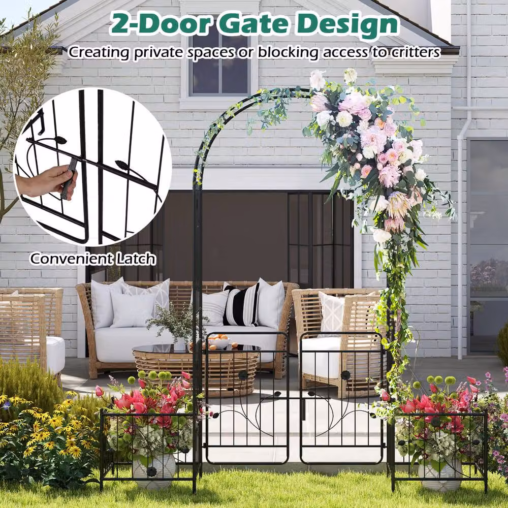 Gymax Metal Garden Arbour Trellis with Lockable Gate and Side Planters, Black, H 220 x W 198 x D 50 cm – 4