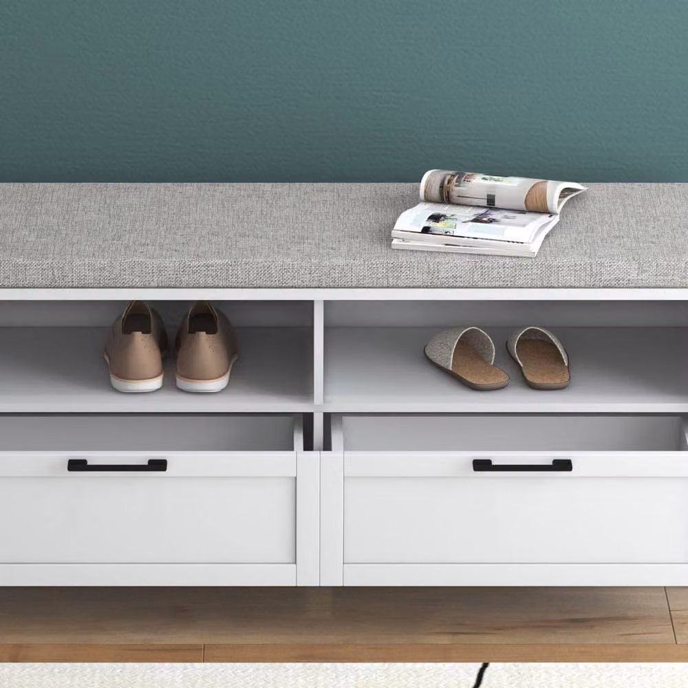 Wyld Haus Noma White Shoe Bench with Grey Fabric Cushion, 2 Shelves and 2 Drawers – 5
