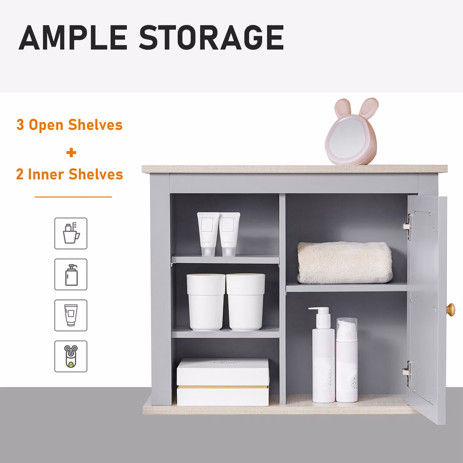 Kleankin Wall-Mounted Mirror Cabinet in Grey with Hinged Doors and Internal Shelves – 6