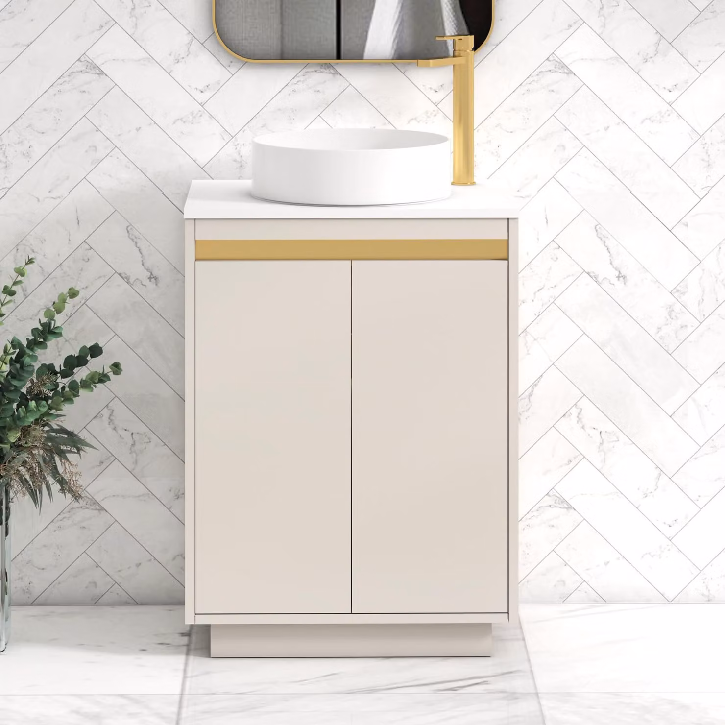 Royal Bathrooms Orion 600mm Floor Standing Vanity Unit in Warm Taupe and White with Art Basin and Brushed Brass Accents