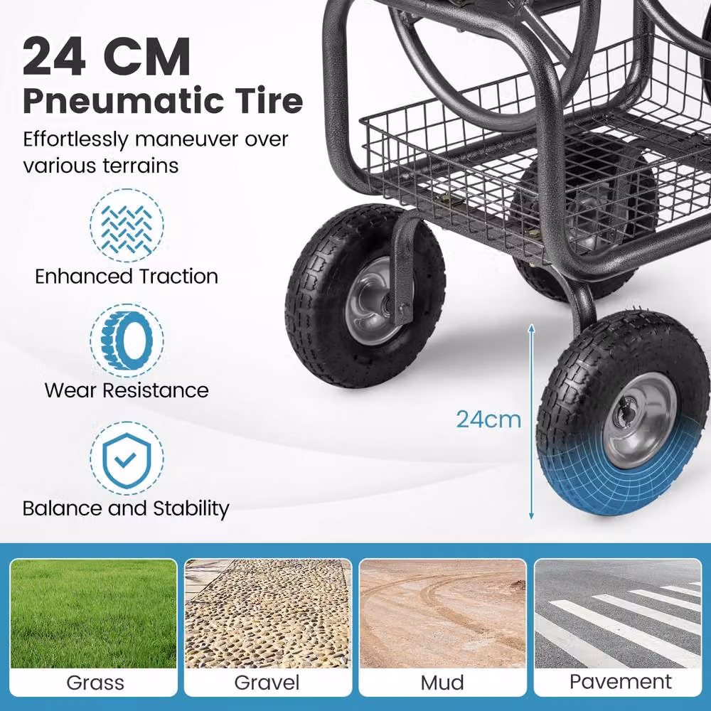 Costway Heavy-Duty Metal Garden Hose Reel Cart with Storage Basket in Grey – 9