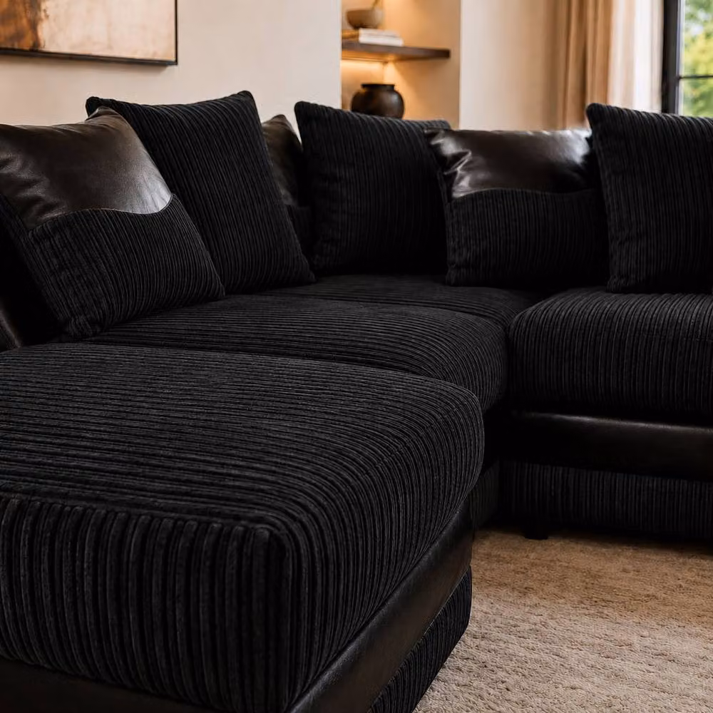 LUXURY LIFE Dino Left Hand Facing Cord Fabric Corner Sofa in Black, W/D/H: 235 x 94 x 90 cm – 2