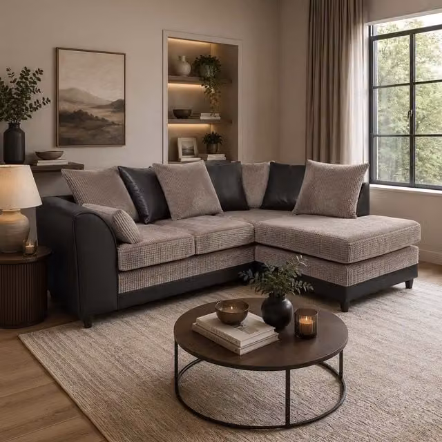 Furnishings For Less UK Luca 3-4 Seater L Shaped Corner Sofa in Black and Grey with Fabric and Synthetic Leather Trim, Right Hand Facing – 1
