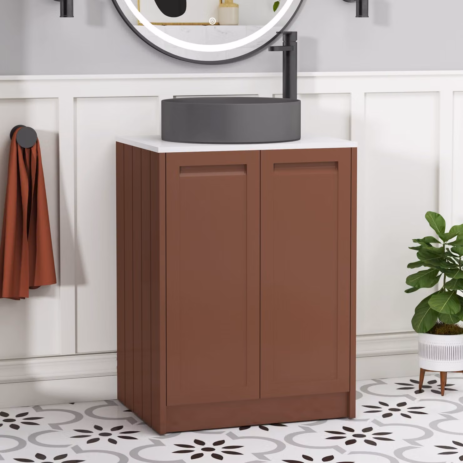 Royal Bathrooms Elmore 600mm Floor Standing 2 Door Vanity Unit in Terracotta with White Worktop and Art Round Basin