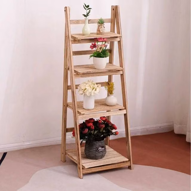 Kelvenix 4 Tier Folding Ladder Shelf Storage Unit in Sand Brown – 1