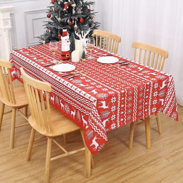 London Boutique Red Festive Christmas Waterproof Polyester Rectangular Tablecloth, W: 137.16 cm, L: 228.6 cm