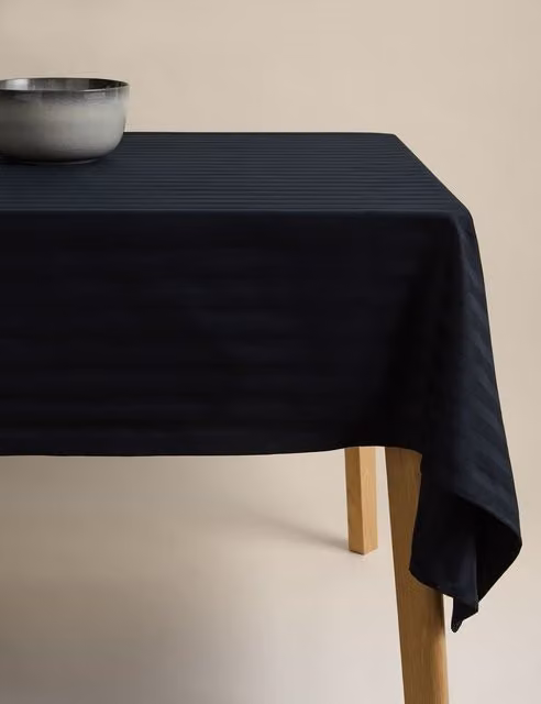 M&S Black Striped Rectangular Pure Cotton Sateen Tablecloth