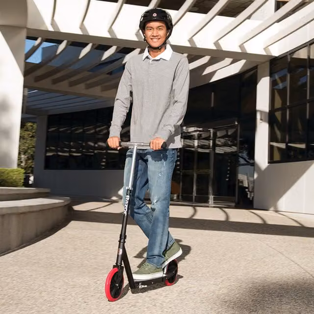 Razor Carbon Lux Folding Kick Scooter with Large Spoked Wheels, Black and Red